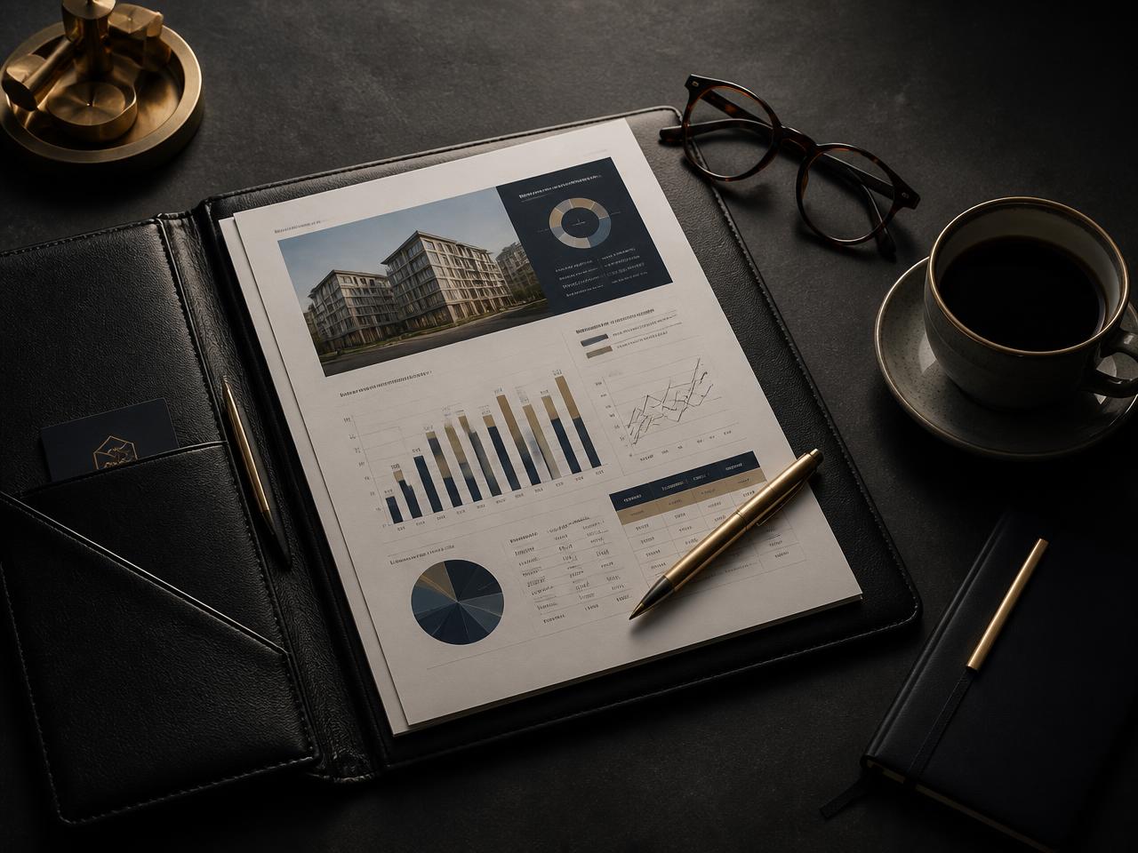 A leather portfolio open to a printed property performance report on a dark desk