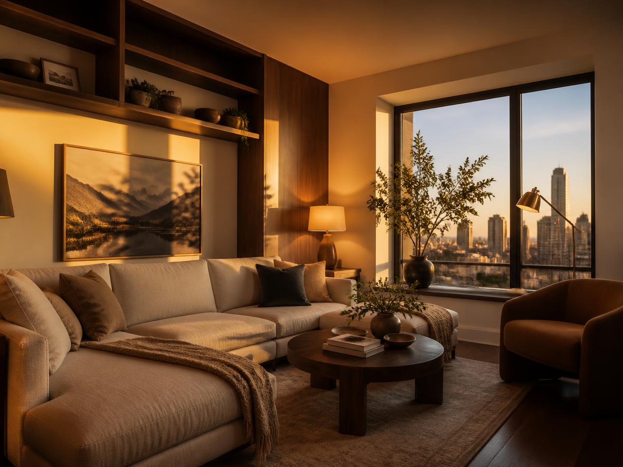 A warmly lit, professionally furnished short-term rental living room at golden hour