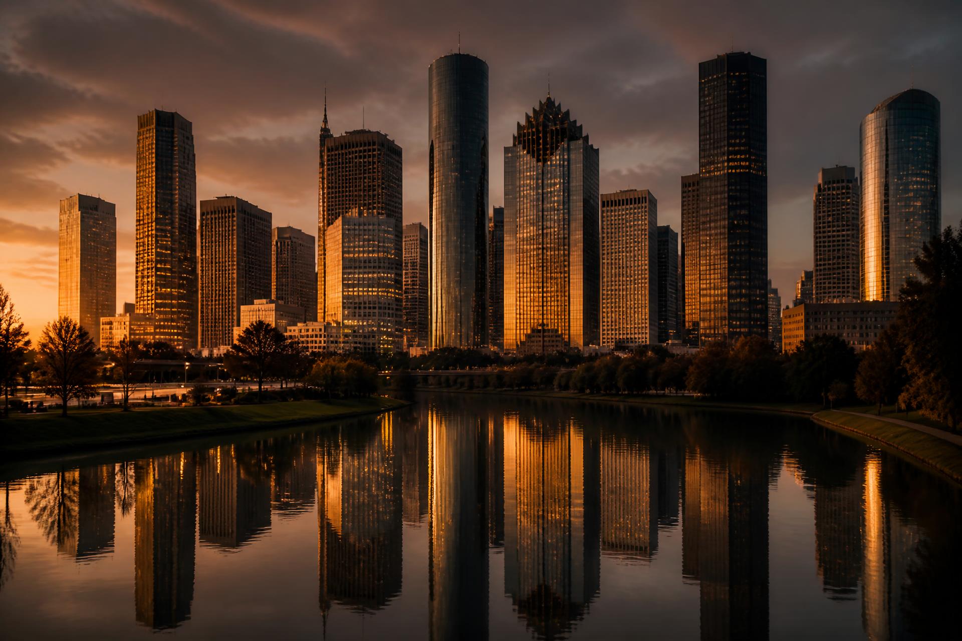 The Houston skyline at dusk reflected in a calm waterway